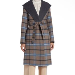 Elie Tahari Wallace Plaid Foxhair Wool Silk Belt Closure Coat 🔥